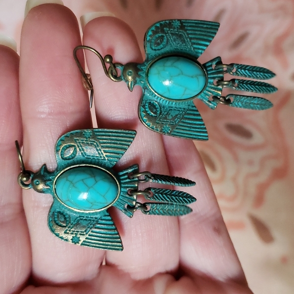 Jewelry - (B) Southwestern Earrings Tribal Bird Turquoise Native American Bird Feathers